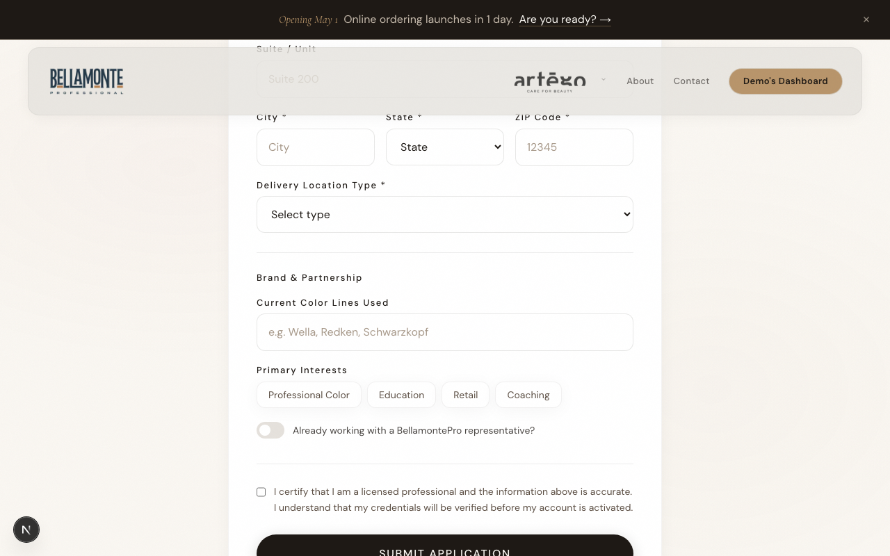 registration form, Brand and Partnership section with interest pills