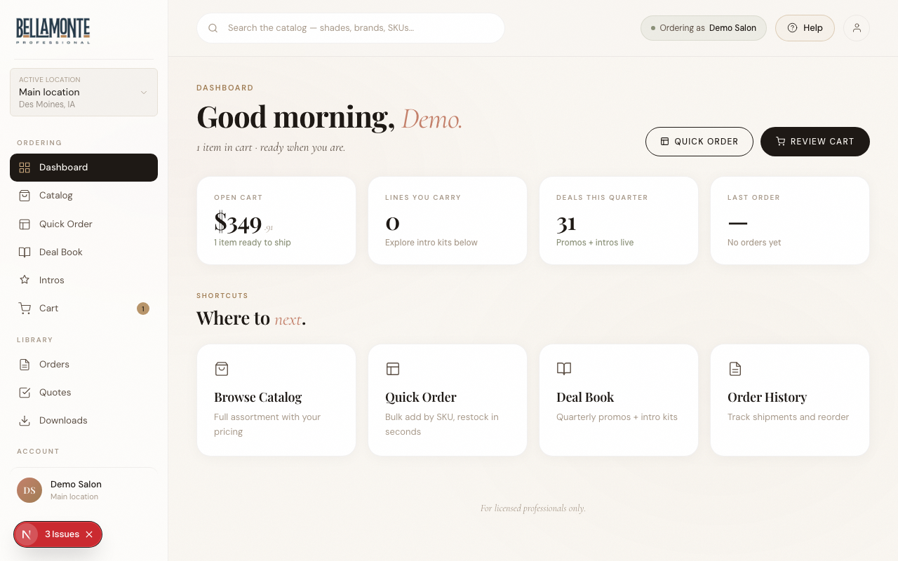BellamontePro Sign In page with the Sign In with Shopify button